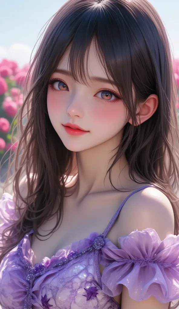 high resolution,  super high quality, 32K, surreal, Realistic photo:1.37,  beautiful woman, , Beautiful details ( eyes, Long eyelashes, Lips), , and her hair,  bangs:1.3, Ji Qie, puppet, Charming smile, Half open mouth, Head tilt, Light blue, Rift, Middle ...