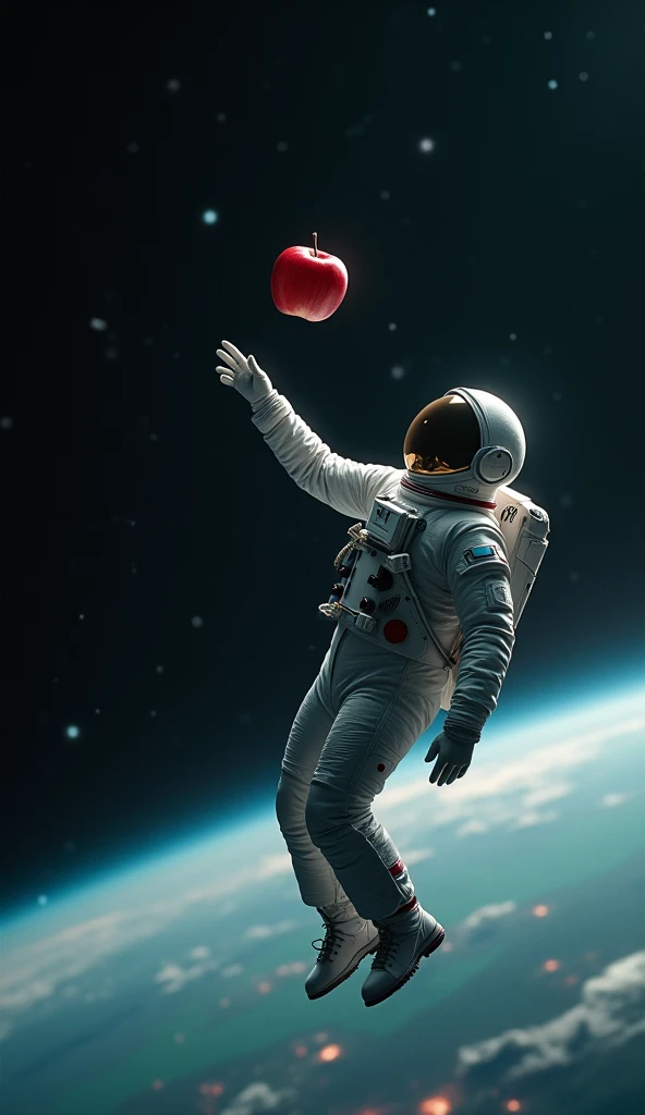 Wear better quality ,  film camera , Create an image showing an astronaut in outer space wanting to grab an apple 