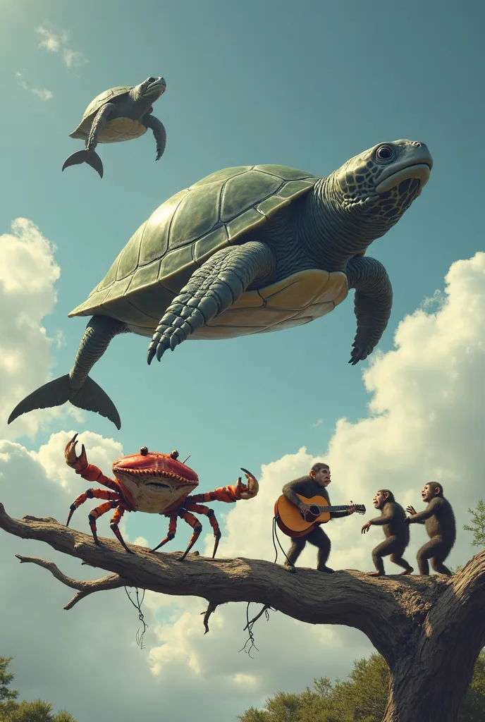 No, what I asked you for was an image of vertical story size and containing the following: a flying turtle and next to it a whale that is also flying to your right of the turtle down a branch that is a crab playing a guitar (Aculate) and in the background ...