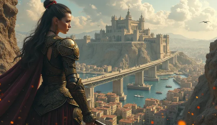 Close up close in sexy woman in armor behind invaded army city in medieval Greece filled with boats near a merchant lake giant castle in the background with giant statues surrounding epic city 8k many details with a giant bridge during the night dark horro...