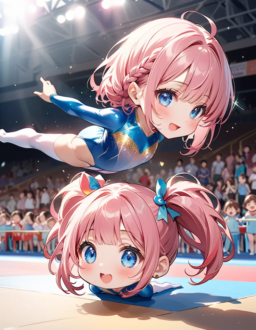 ((national gymnastics competition held in a large gymnasium:1.5、Floor performance in gymnastics events:1.5、One-handed handstand:1.5、Fast Carousel:1.5))、((dynamic pose:1.5、dynamic angle:1.5、motion blur:1.5))、(((one girl:1.5)、((Alone、 Chibi Girl:1.5)))、Kinde...