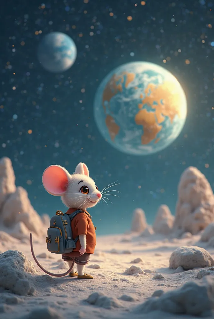 Cute Mouse student waiting bus from moon to earth 