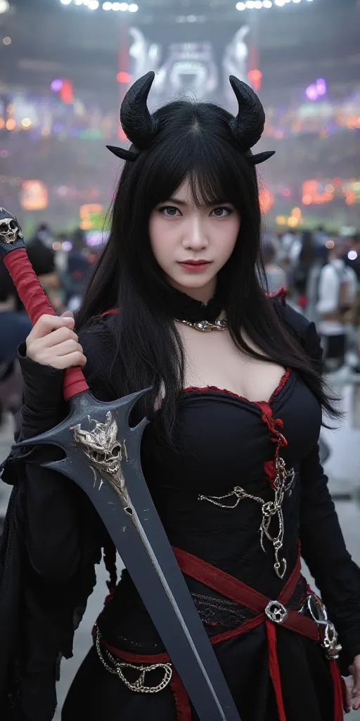 A highly detailed portrait of a mysterious woman with long black hair and bangs, two small black horns, and a serious yet seductive expression. She has piercing eyes and wears a black armored dress adorned with intricate red details, star symbols, and meta...