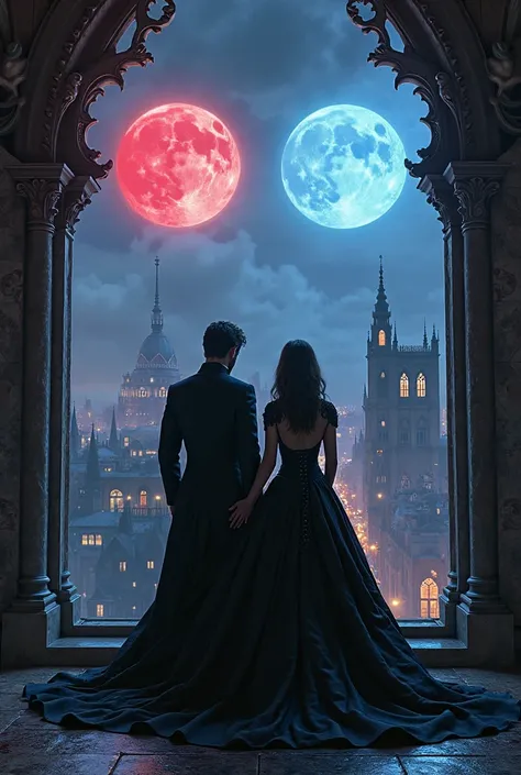 Draw a Gothic couple looking at the Gothic city over a large window with the light of two moons, A red one and a blue one illuminating the Gothic window 