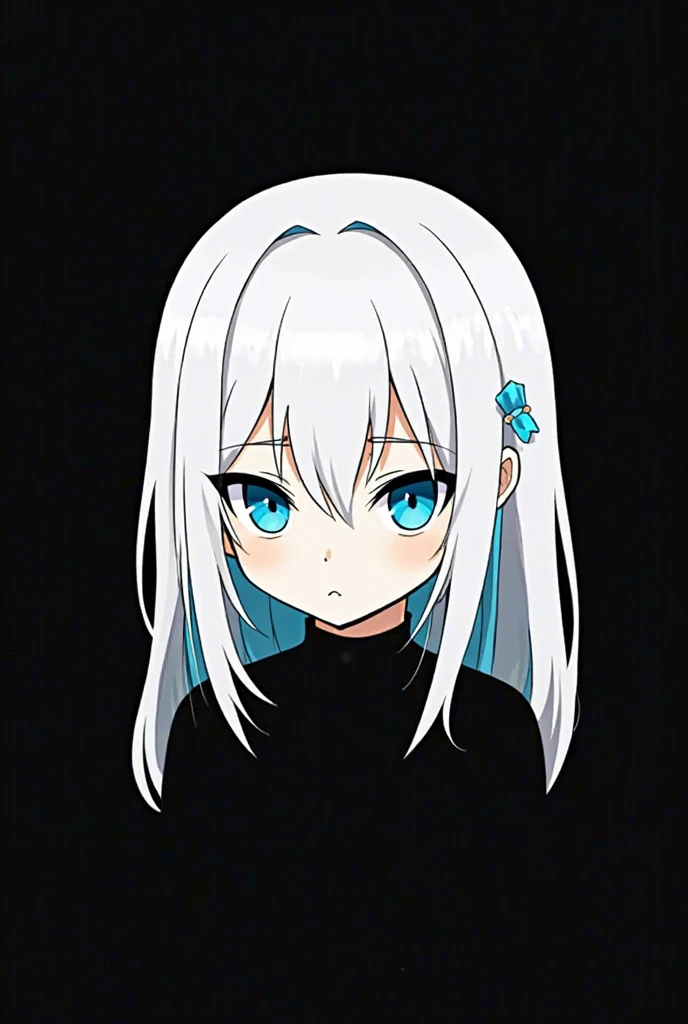 A minimalistic anime-style female character with white hair and blue eyes on a pure black background. The character design should be simple, sleek, and clean, with minimal accessories and a calm, intense expression. The focus should be on the contrast betw...