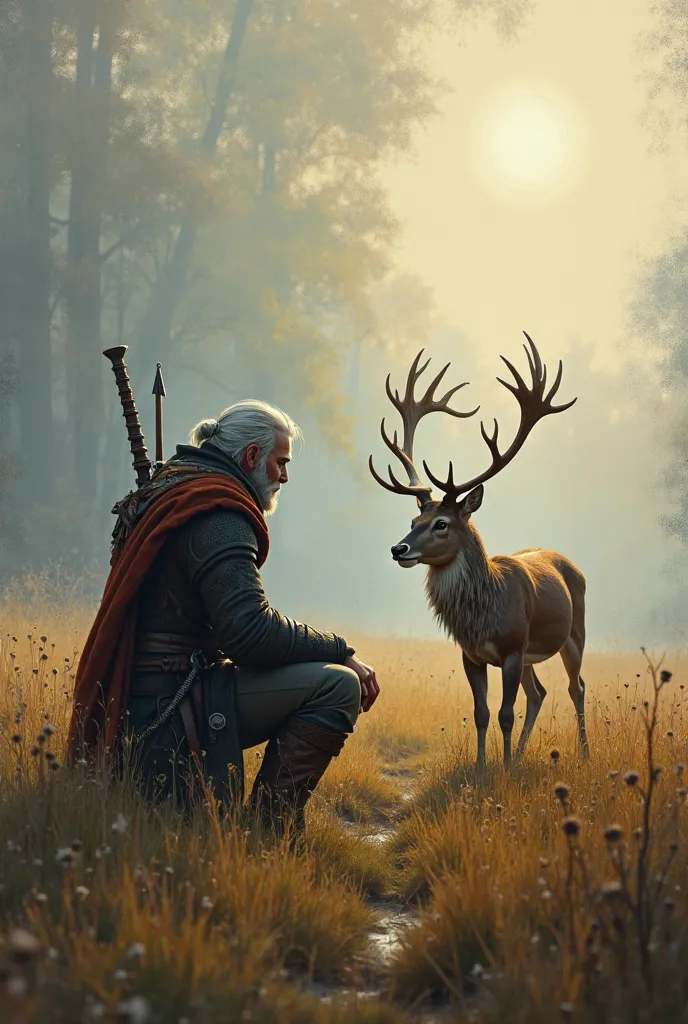 painting of a man kneeling down next to a deer in a field, the witcher concept art, epic elder scrolls art, elder scrolls art, from witcher (2021), roleplaying game art, skyrim art, tolkien and michael komarck, 4k fantasy art, rpg art, realistic fantasy pa...