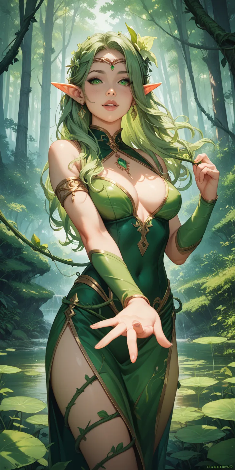 One elf girl、Wrapping my lower body in something like Nepenthes lying down in the woods、around the face looking for help with one hand。There are many green tentacles clustered around the face。