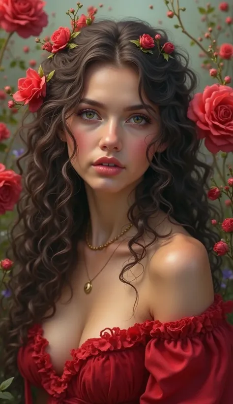 create a fantasy character, inspired by roses, youthful face, red dress falling on the shoulders, long curly hair, blurred floral background.