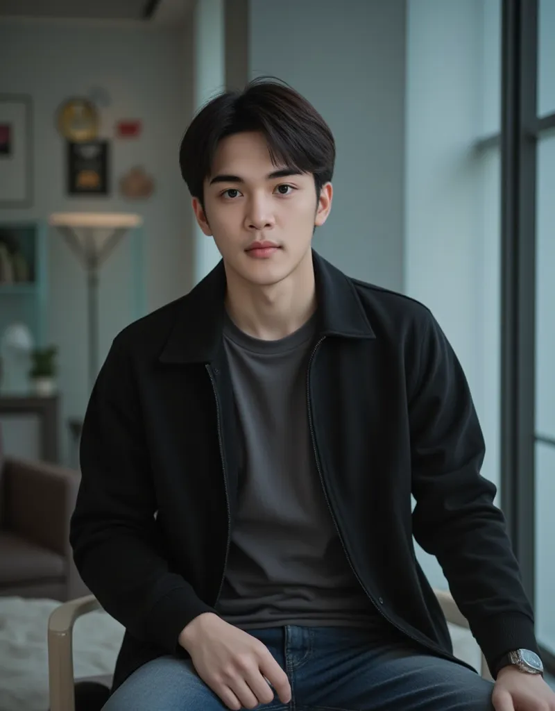 an Asian guy aged 25. wearing a t-shirt black jacket.jeans.is sitting on a chair in a cool room 