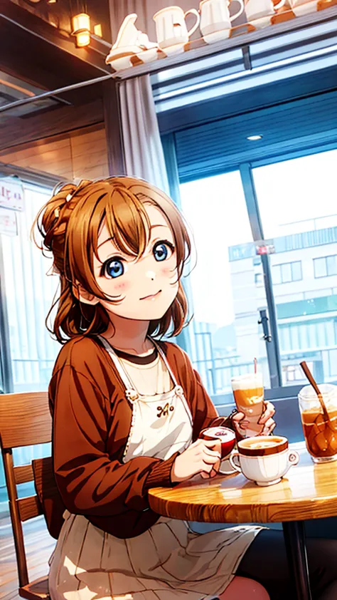 Girl sitting in cafe、Drinking tea、Cute Mugs、Brown Shorthair、 cute clothes、 sunshine