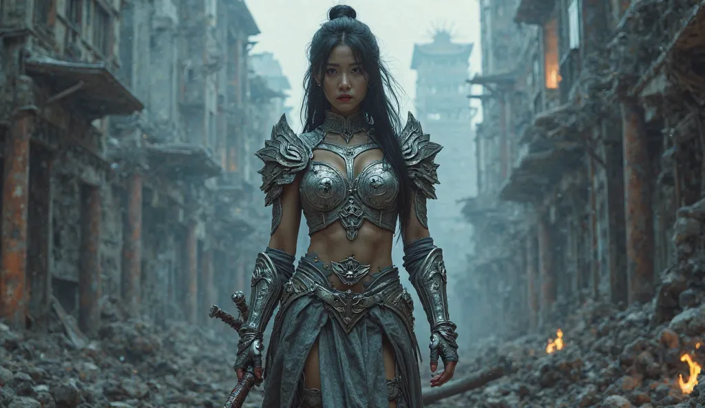 ((Full body photo, standing, feet on the ground)) a 30-year-old Korean woman, wearing silver armor, holding a mace, ruined dark city background, late night, broken buildings, building forest, fantasy art by tyler edlin, fantasy woman, very pretty berserker...