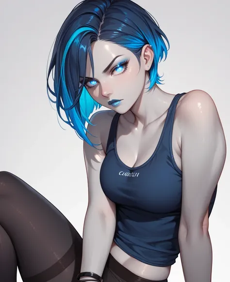 Girl with grey skin, grey skin color, grey skin, pale skin, blue hair with blue highlights, blue highlights, short hair, dark blue eyeshadow, Dark blue lipstick, Dark blue eyes, glowing eyes, Dark blue nails, dark blue tank top, Black short leggings, Black...