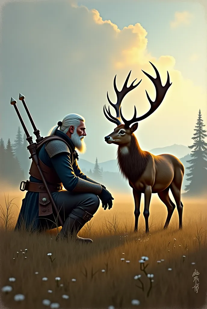 painting of a man kneeling down next to a deer in a field, concept art by Jakub Schikaneder, Artstation contest winner, fantasy art, the witcher concept art, epic elder scrolls art, elder scrolls art, from witcher (2021), roleplaying game art, skyrim art, ...