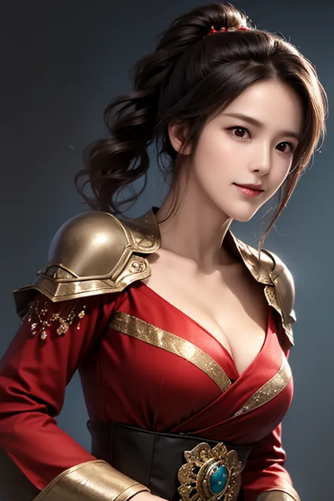 The upper body of a female warrior wearing red and gold armor and cloak, 1 person, cute ponytail ,Age 30, (((Real Face))), slightly larger breasts and cleavage, reveal their cleavage,Scary face,  very fine face and skin texture , is staring at the camera, ...