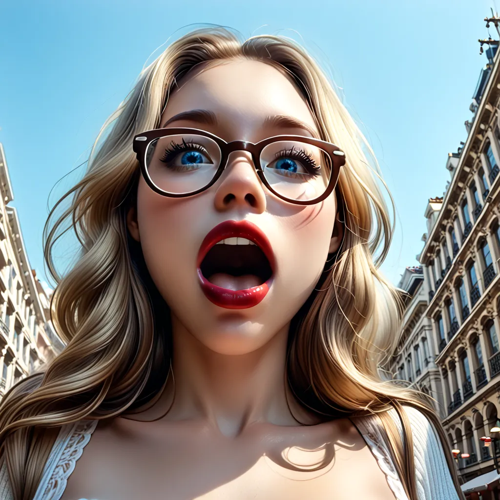 Huge naked woman in the miniature city, long blonde hair, glasses, blue eyes, Red lips, dunkles Make-up, glasses , Breasts , schöner Body,   bloated belly seen from above ,   swallow  _Whole,  swallow  _upper_Body, Legs stick out of her mouth,,black stocki...