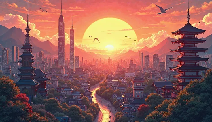 Create an anime art of aesthetic city on a sunset 