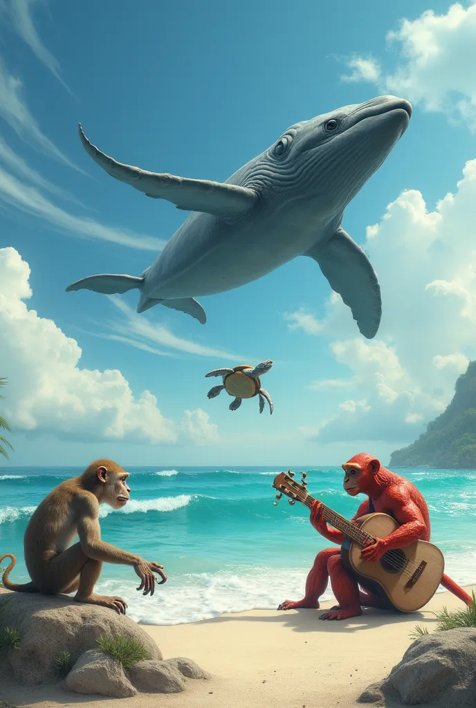 realistic image of a turtle and a whale flying over the sea and on the beach a crab playing the guitar and in the background some monkeys scratching their heads