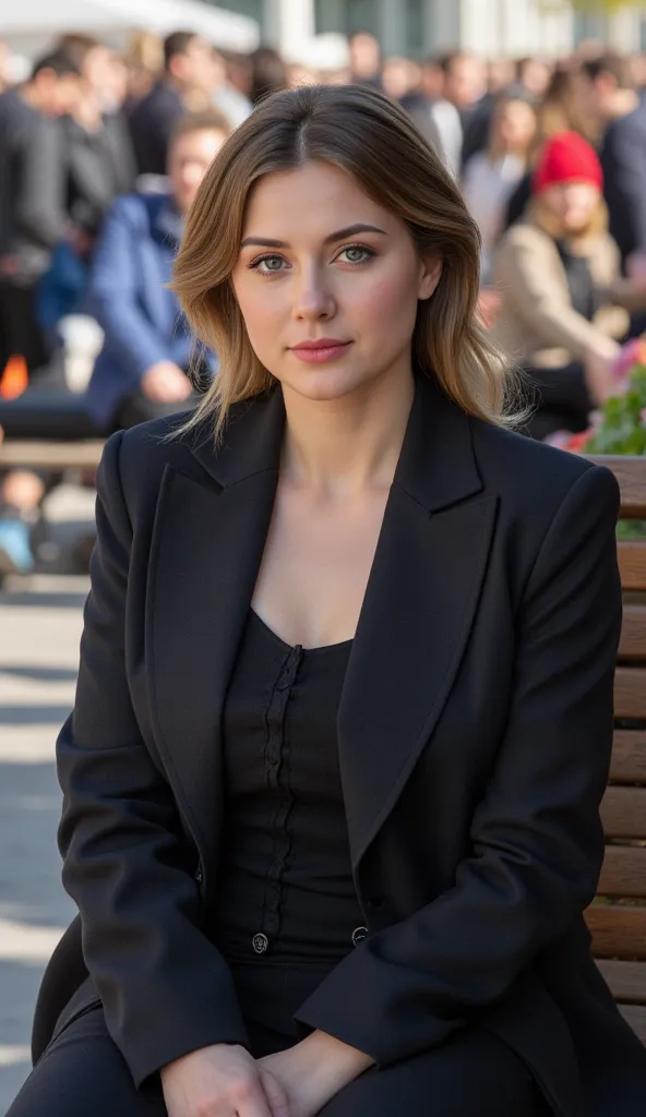 "An extremely realistic Russian woman in ultra realistic 8K, sitting on a bench amidst a bustling environment,  full of people . She has striking and elegant features, with intense eyes and a sophisticated air. Your hair is well groomed, quality and she we...