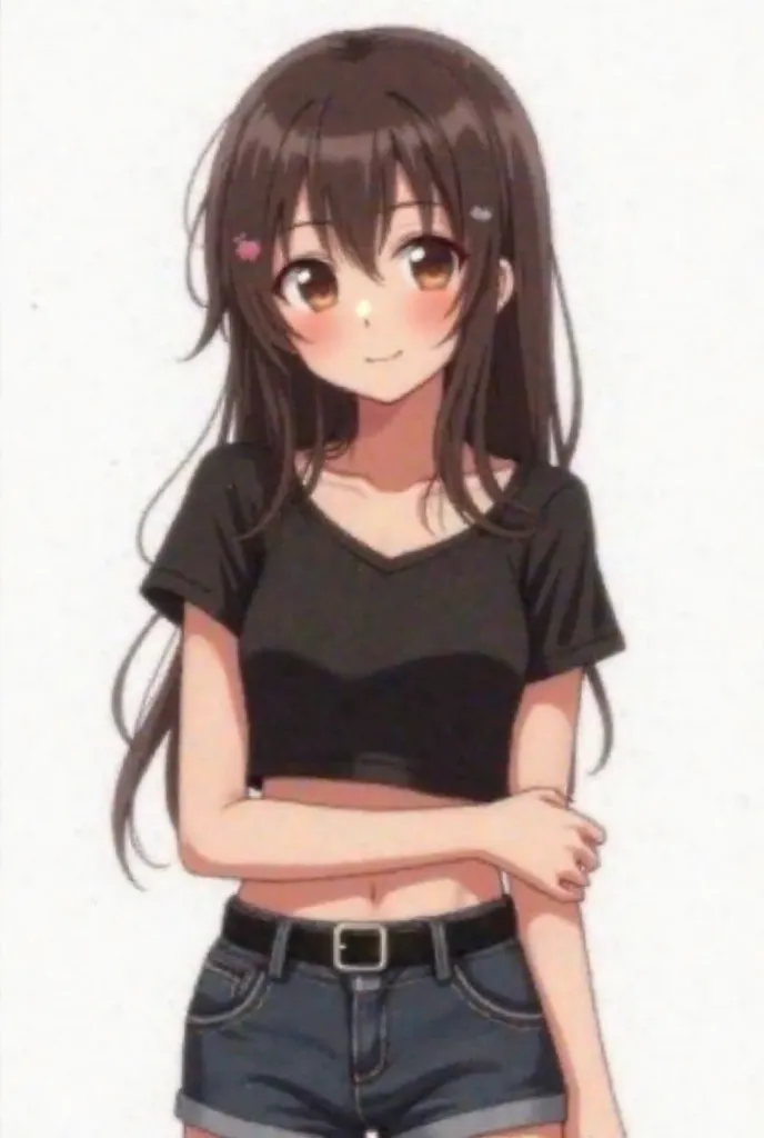 Extremely detailed caring grown up kawaii anime daughter with straight long dark brown hair, soft brown shiny eyes, and big but beautiful curved eyelashes with a cute gentle smile, wearing a black croptop with her boobs showing and short sleeves on the cro...