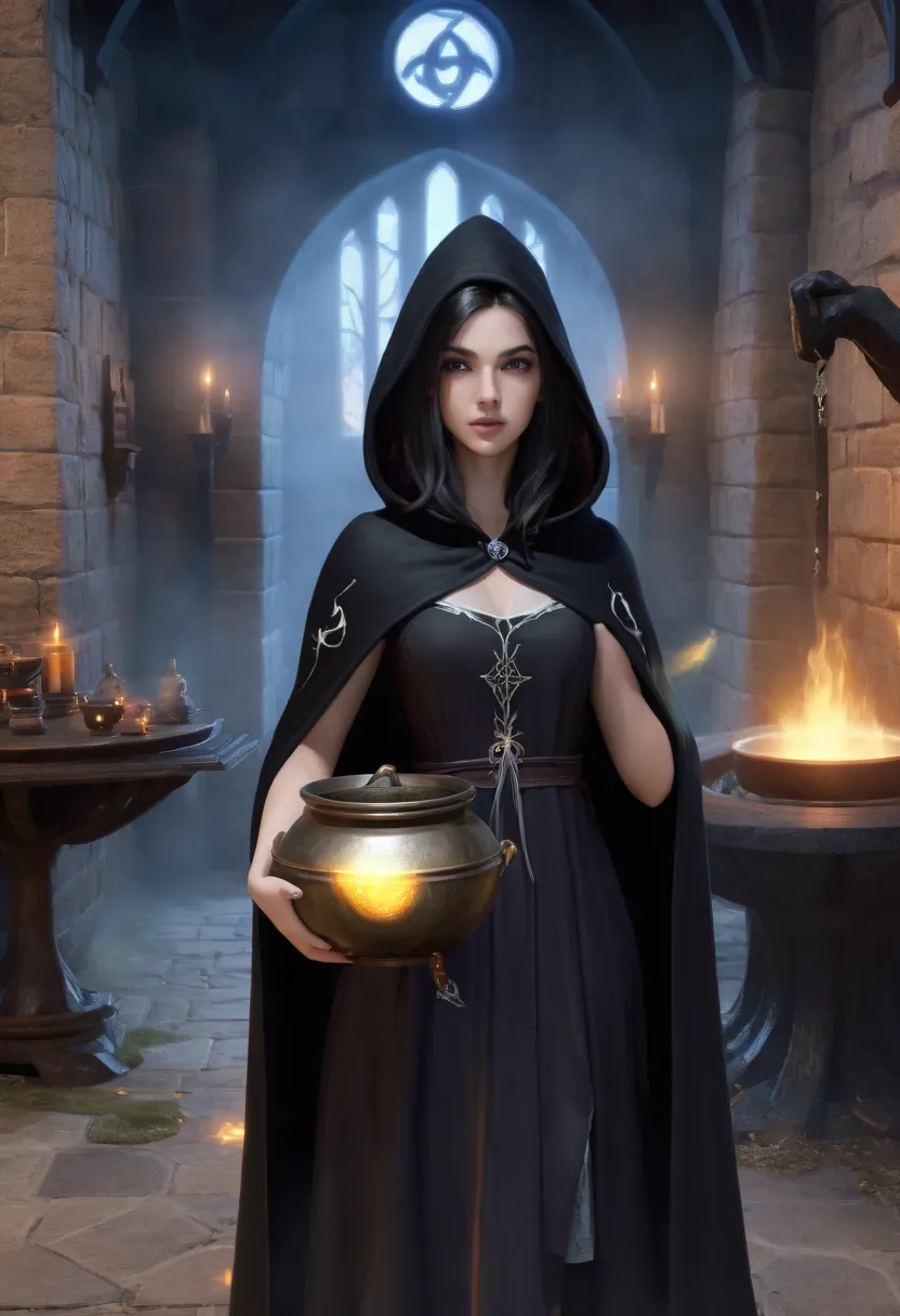 Ultra realistic image, a mage girl, cape and hood, short dress, spellbook on his hands, Black long hair, a castle room backgroud, ocultist simbols on the ground, using a cauldron and ghosts behind her