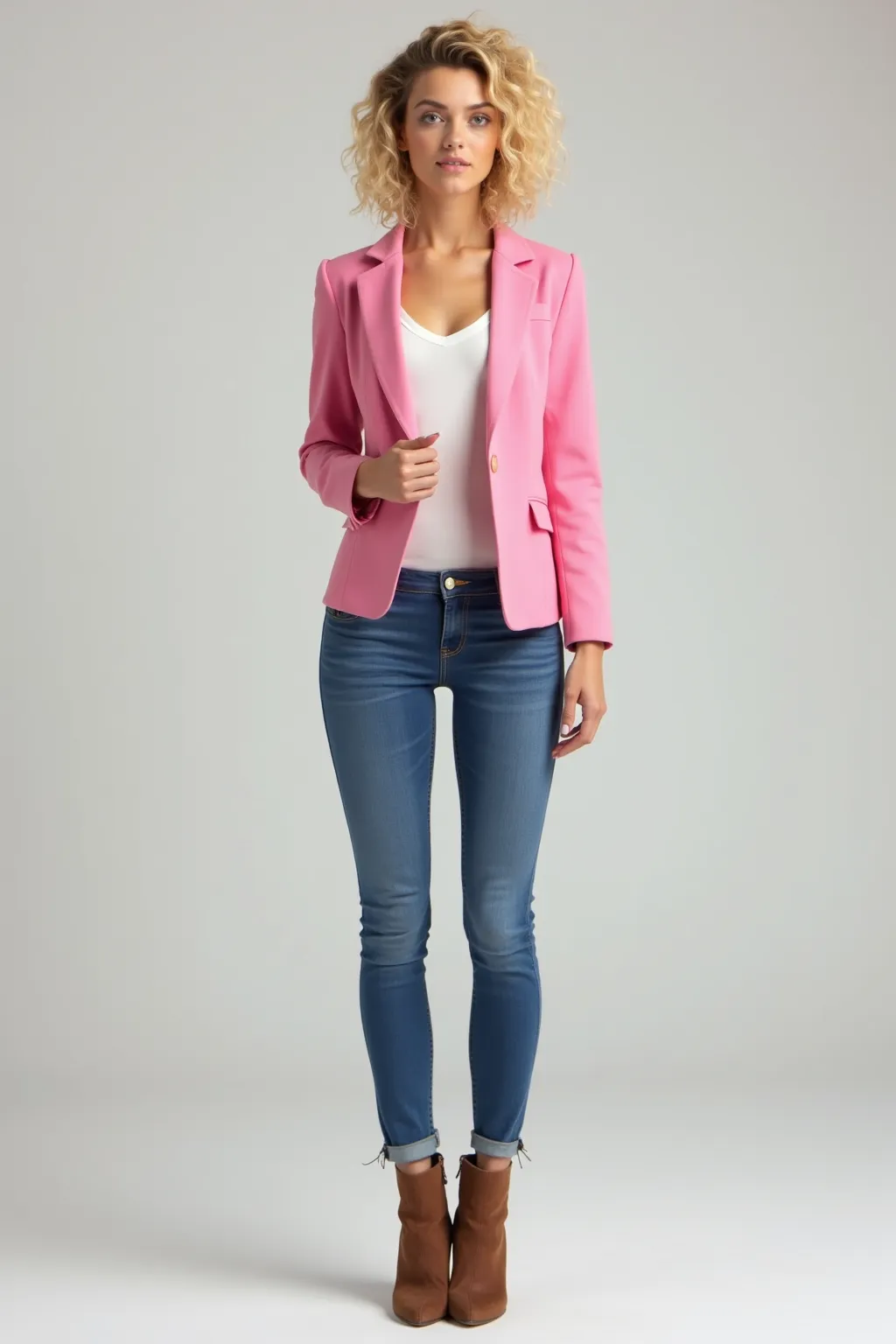 Appearance: slim stature, slightly shorter than shoulder-length blond curly hair,  penetrating eyes , fair skin. About 1,65 m tall and 22 years old.
Clothing: Wear a pink blazer over a white shirt, blue skinny jeans and brown ankle boots with high heels.