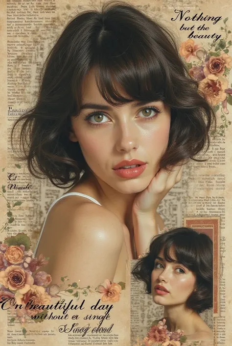 Image is a vintage-style collage featuring a series of portraits of a woman with fair skin and dark hair styled in a bob. The layout is layered with overlapping images, creating a textured and artistic effect. The woman is depicted in various poses, showca...