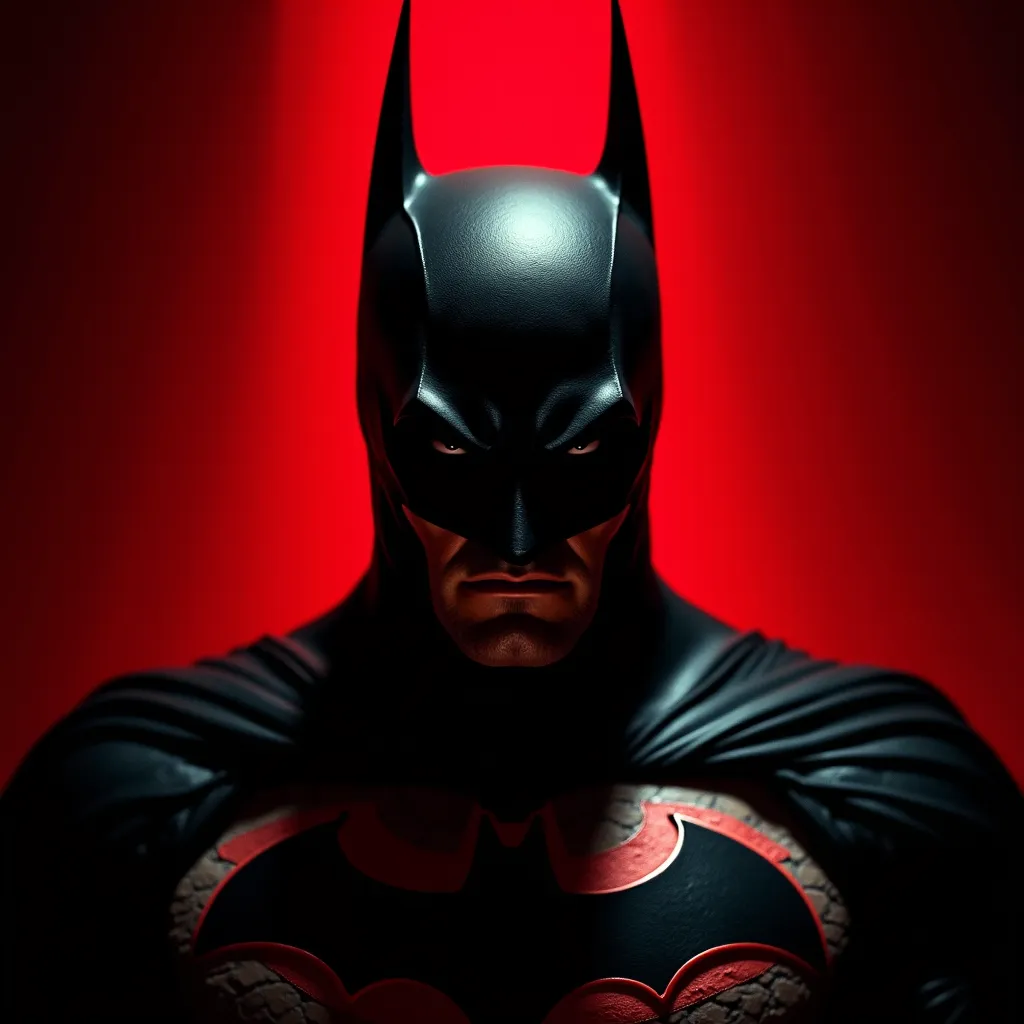 zoomed batman with red and black background batman should be visible till chest his face should be centered