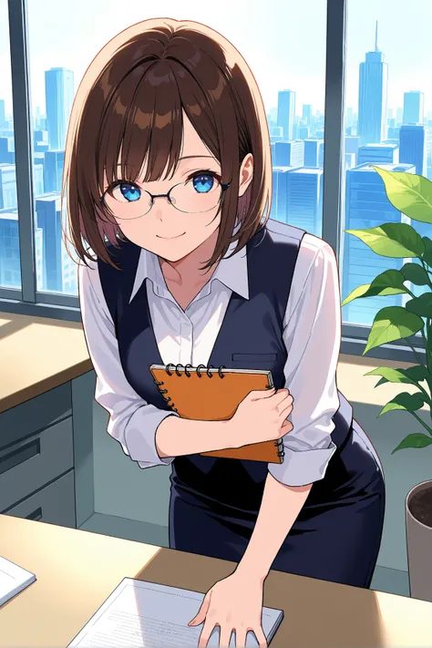 score_9, score_8_up, score_7_up, break, absurdres, highres, (masterpiece), original, uncensored, close-up, 1girl, solo, medium_hair, brown_hair, bob_cut, side_bangs, glasses, blue_eyes, smiling, office_lady, vest, white_shirt, black_skirt, holding_notebook...