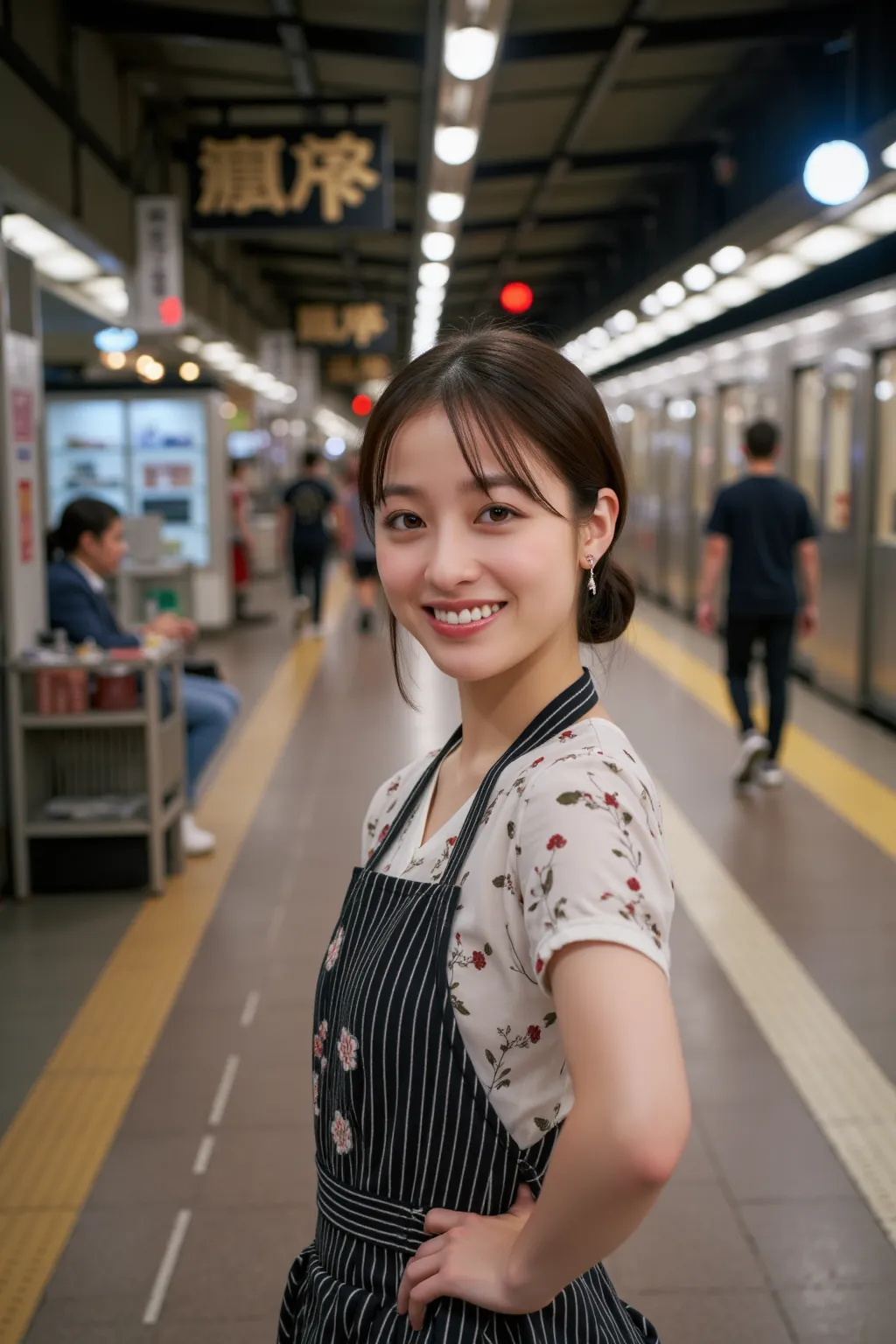 　 best image quality、score_9,  score_8_ up 、masterpiece、(from below:1.5)、1 Japanese girl、crazy smile、apron、 station platform