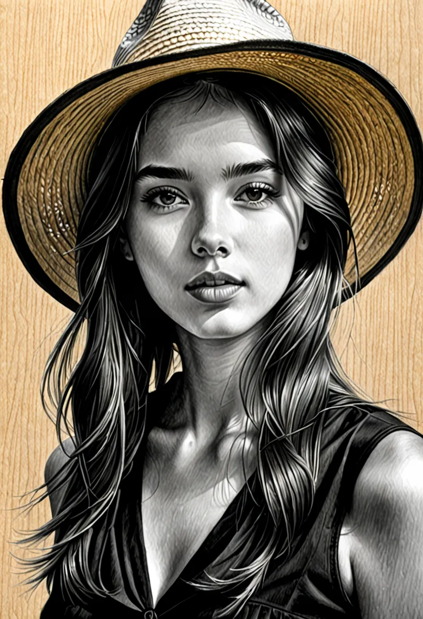 Exquise esquisse au crayon,  beautiful girl,  dark clothes , A straw hat, photorealistic, masterpiece