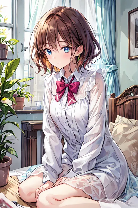 Late night bedroom、electric light、ベッドで仰向けに寝ている brown hairの美しい女の子、、the above、 in a dim room sitting inside a wooden box、Amber lighting、 embarrassed face 、 very well detailed,  Super A High Resolution ,  、( best qualityのイラスト:1.2), (cute girl:1.1), ( 1 girl, ...