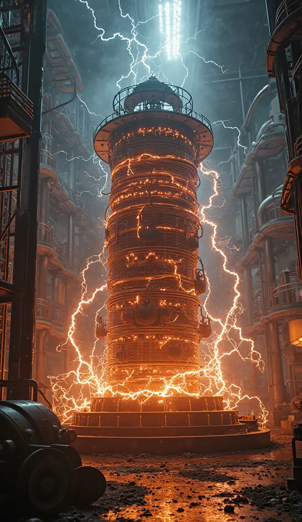 A dramatic shot of a Tesla coil in action, with bolts of electricity arcing through the air, symbolizing the power of AC.