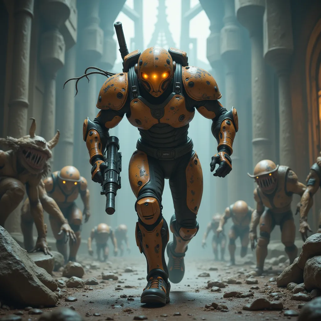 high resolution, masterpiece, photo realistic,  surrealism, samus aran wearing worn out damaged battle suit and helmet, running, shooting laser gun, surrounded by creepy monsters in an eerie futuristic stronghold.