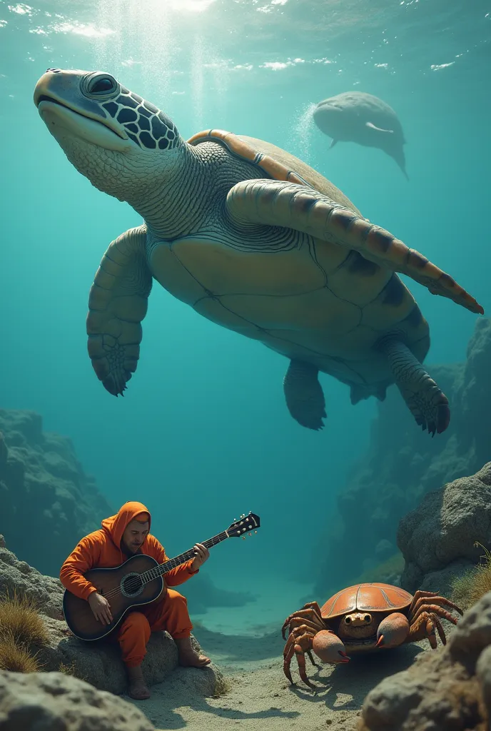 generates a very realistic image, High quality of story and vertical size,  Of a turtle flying next to a whale flying down then down a crab playing guitar and in the background changos scratching their heads 