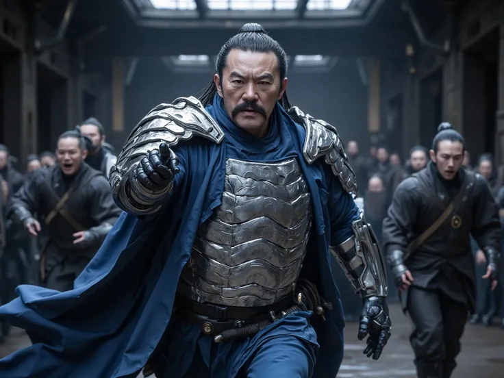 Prison Guard, Silver Blue Paddy Set, Armor, middle-aged man, Mustache , Chinese people, The right hand points to the front., Running Chasing Villains, Panic, shout, underground prison wall background, images, Masterpiece,  giant form film , clear details, ...