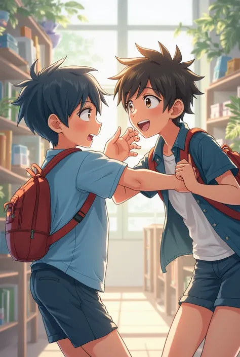 image of ren,  education  , Wearing a light blue shirt and dark blue shots shoving a friend