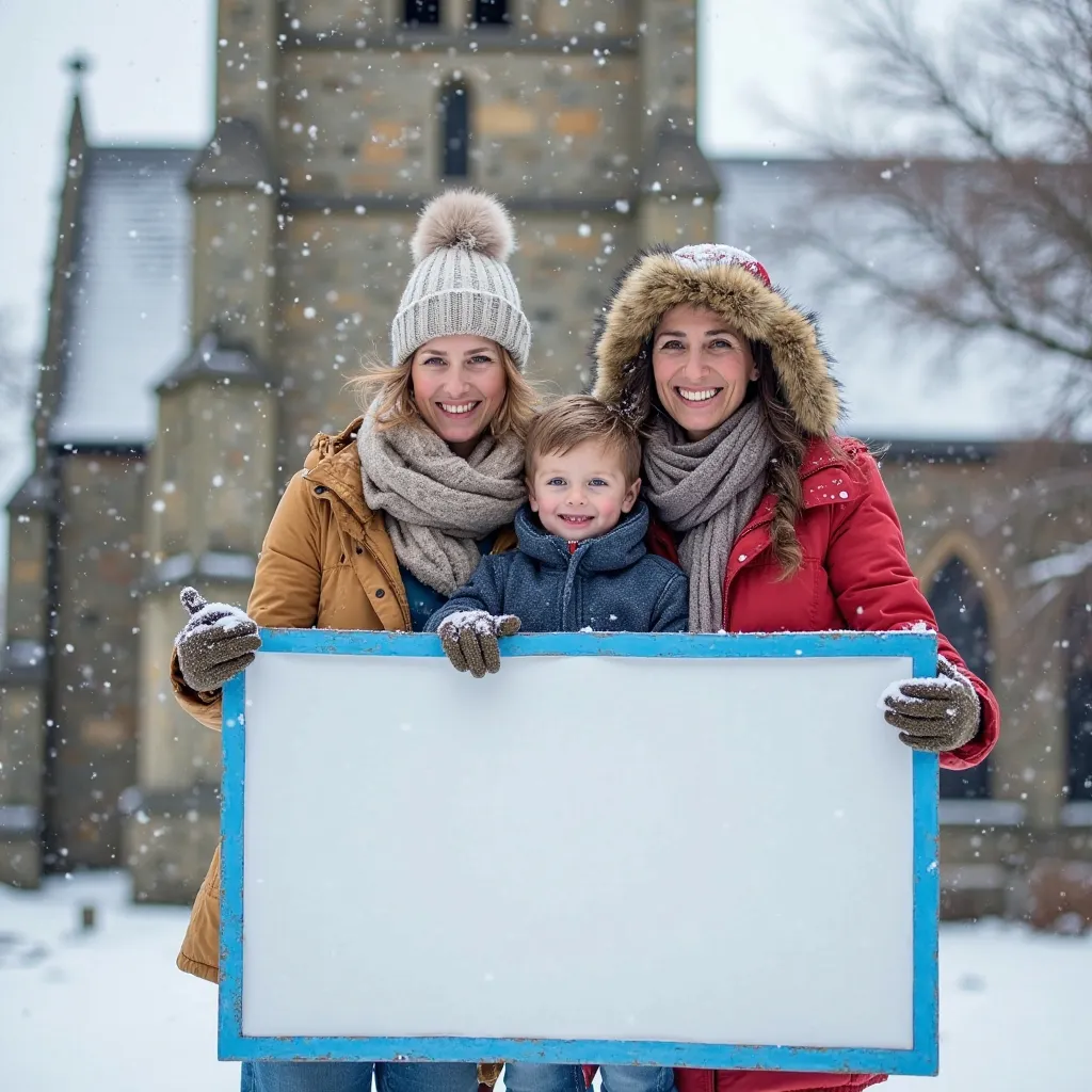 In this photo, in the snow, an English family, an English mother and 1 English , with big smiles, stand on a large white blank sign with blue edges. The background is a Christian church in England. The style of the photo is naturalistic and realistic, with...