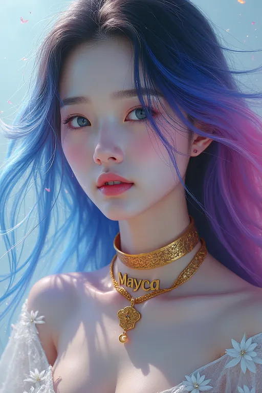 A Korean woman with long, brightly colored hair and fair skin wearing GravidaCreate an image of an albino female Lulu from Pomerania wearing a collar with her name written in gold "Mayca"

