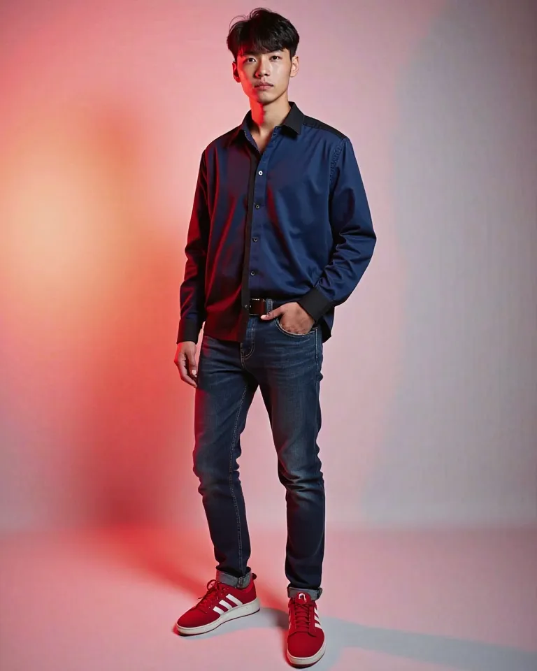 A handsome young Korean aged 25 years wearing blue black shirt in ash ash wearing blue jeans wearing red Adidas shoes is standing white photo studio background red lighting  