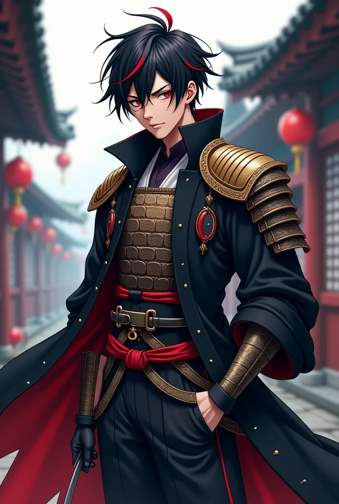 The young man wore samurai armor under a long black coat, his hair was black with red trim, and his face looked mischievous anime