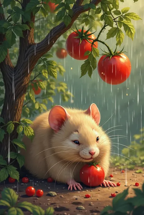 full rat is laying down after eating tomatoes under the tomato tree. On a rainy day. 