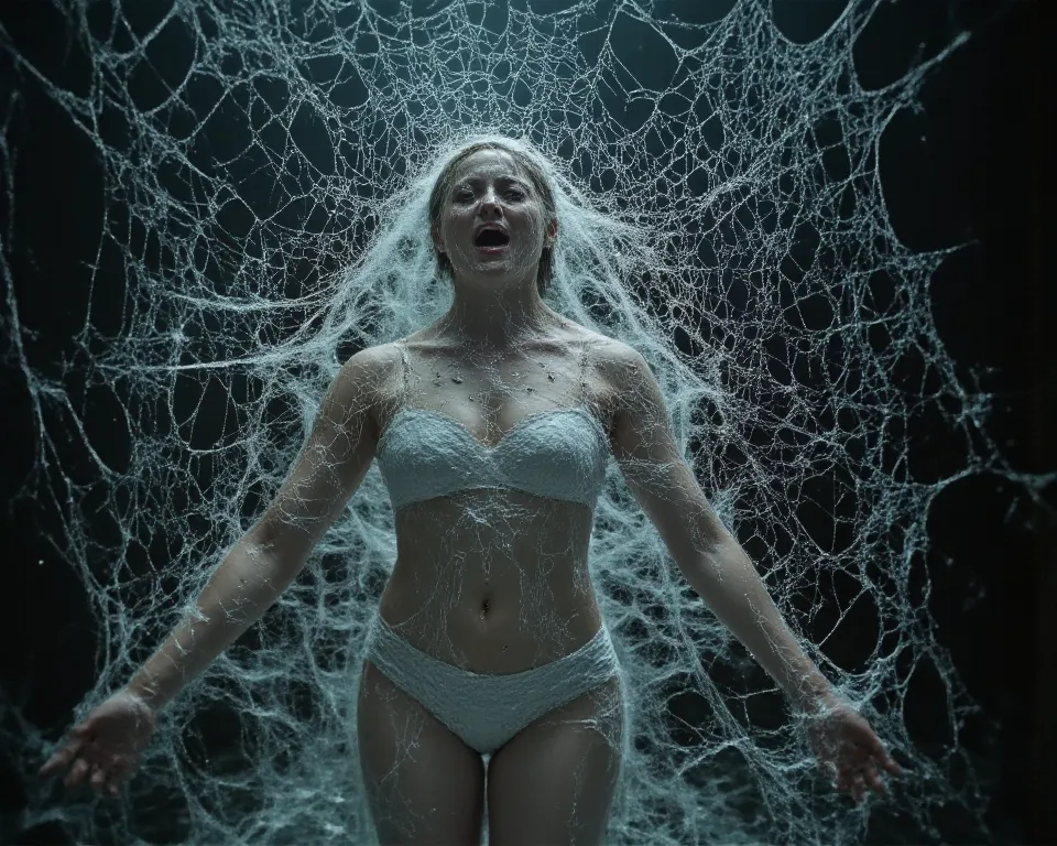 A woman in panties is caught in a giant spider web。
 she is screaming in so much pain。
She has wide open thighs。
無数の小さな蜘蛛が彼女の身体中に群がっています
実写風
tearsを流しながら助けを求めている
号泣，tears