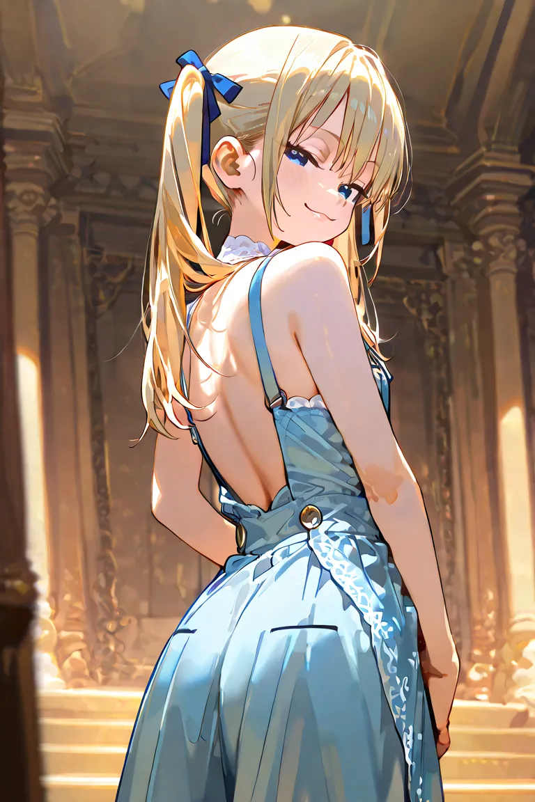 (masterpiece, best quality, high detailed, 8k, 32k) 1 girl, a , blonde hair, long hair, twin tails, blue eyes, brat, mischivious smile, smug, dress, bare arms, bare back