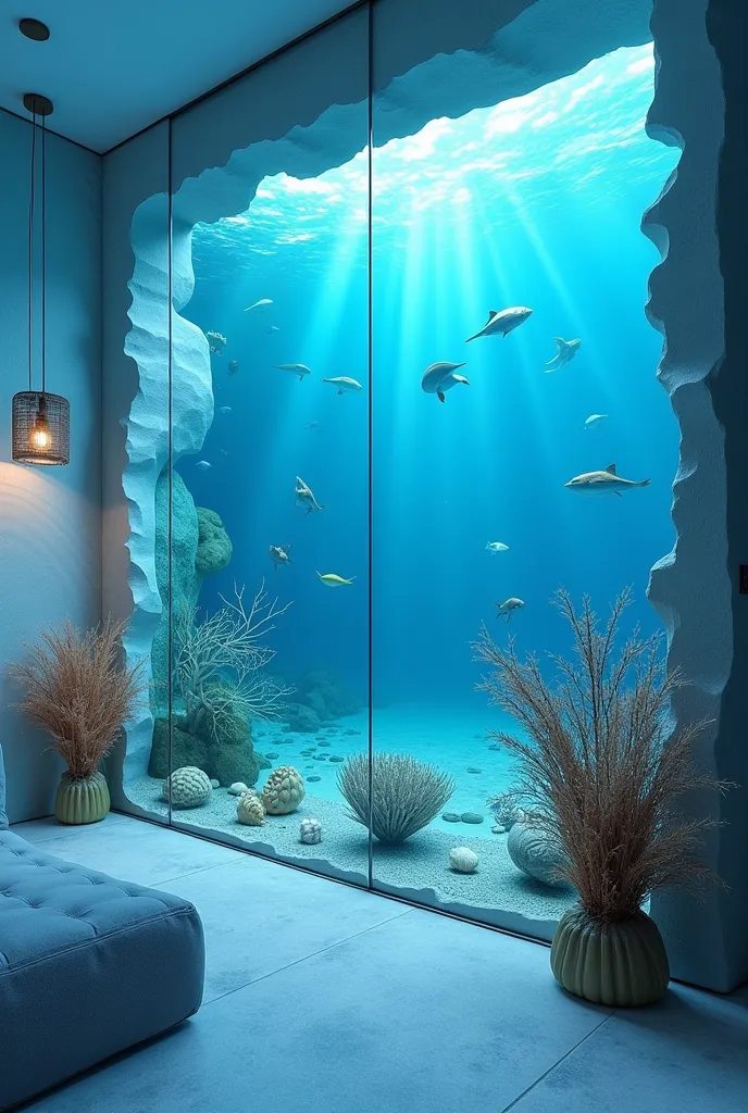 Space Design:

Colours: Use blue tones,  turquoise , in white and gray to create a feeling of coolness and proximity to the sea.
 light: Use soft lighting, combined with blue led lights to create a shimmering effect like the bottom of the ocean.
 Decoratio...