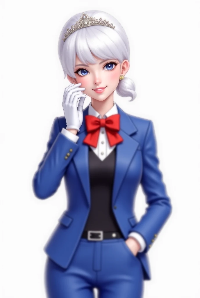 mirabelle mirabeau studios white hair ahoge tiara, blue jacket, long sleeves, black leotard, white shirt, red bow, white gloves, blue pants, belt, tied up