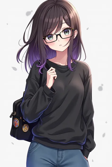 Dark brown hair,shoulder-length ,cascade and side bangs.Purple strands and purple lock on bangs Gray-green eyes Clothing:black sweatshirt,black shoulder bag with badges and blue wide jeans,as well as glasses looking something between panto and square,as we...