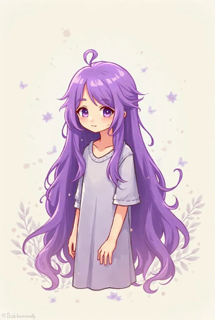 A simple RPG cartoon of one with long purple hair neutral background 