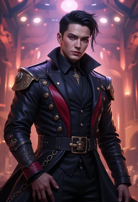 "A highly detailed portrait of a handsome and stylish man with a strong gothic aura. He has sharp facial features, piercing eyes, and neatly styled dark hair. His attire is elegant yet dark, featuring a black high-collared coat with intricate red details, ...