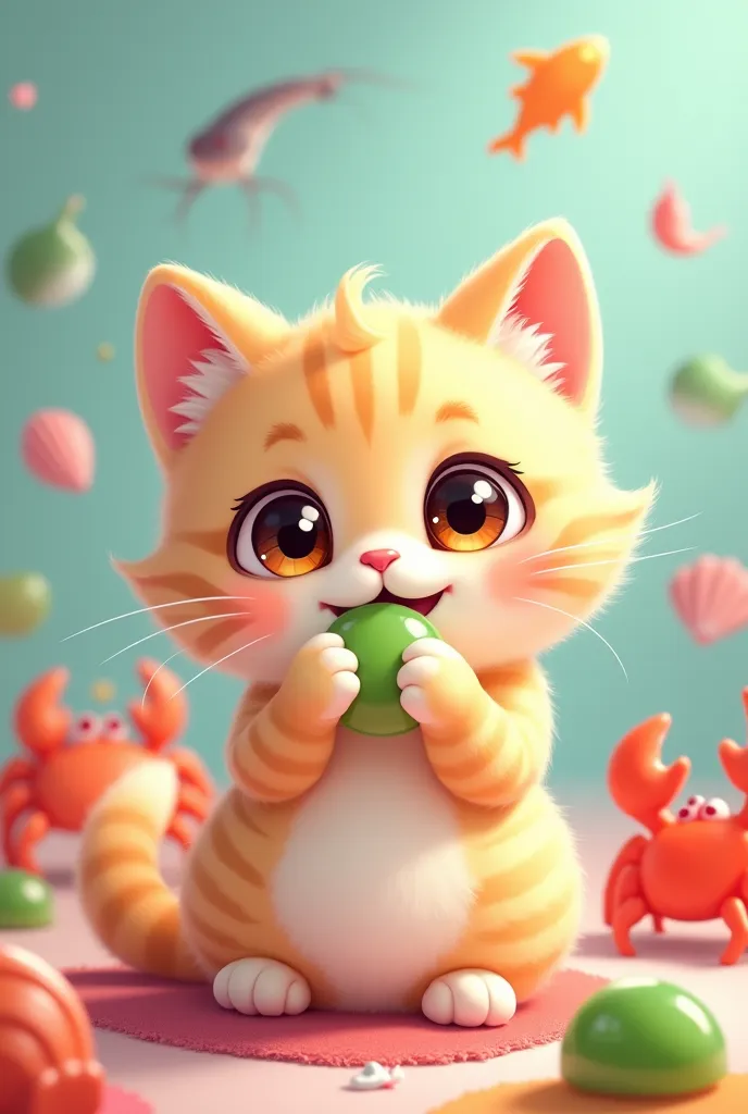 "A illustration of an adorable cat with big, sparkling eyes and a joyful expression, sitting on a colorful surface. The cat is surrounded by vibrant, animal-shaped gummy candies (such as shrimp, crab, fish, shell, bird, etc.), and it is holding one in its ...