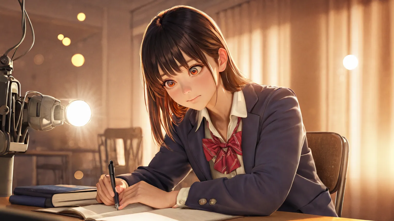 best image quality,high school girl,Girls Room,machine,chair with a notebook in hand,try as hard as one can,sitting next to each other studying,Beautiful Girl,Realistic 3D Rendering,Light effects,Delicate Textures,Soft Bokeh,Warm colors,A warm atmosphere,P...